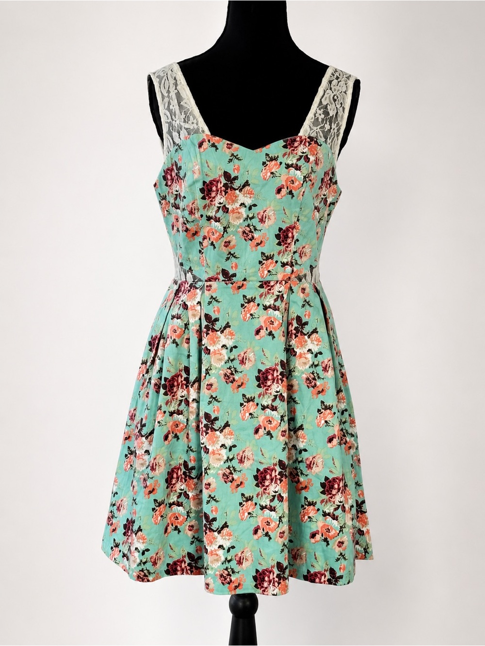 The Style London Floral Lace Back Fit & Flare Dress Mint Green Pink Roses Size M